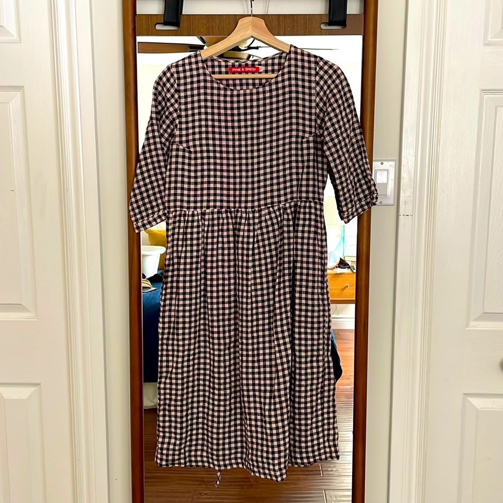 PYNE & SMITH XS like new plum check linen dress. Handmade